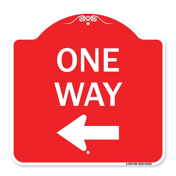 Designer Series Sign One Way Sign Left Arrow, Red & White Aluminum Sign, 18" x 18", RW-1818-23522